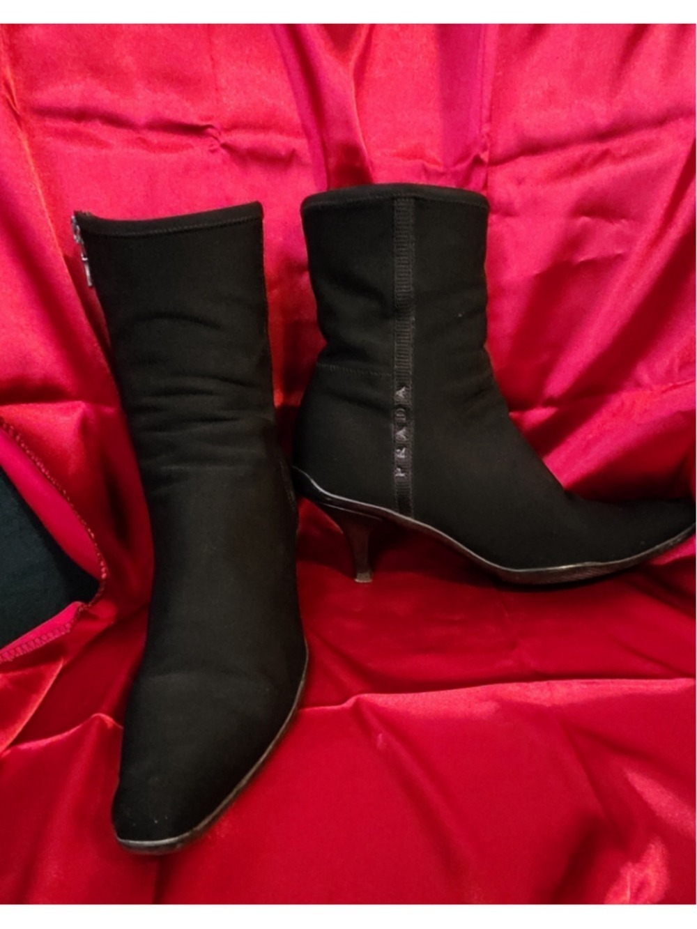 Vintage Prada Black Nylon Kitten Heel Sock Boots Size 8.5 Y2K 90s